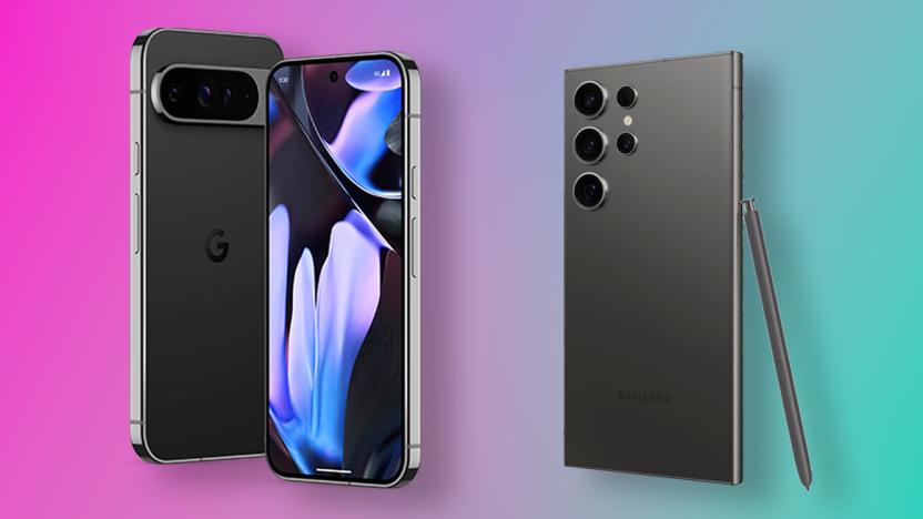 Side-by-side graphic showing the Pixel 9 Pro XL and Galaxy S24 Ultra against a colorful gradient background.