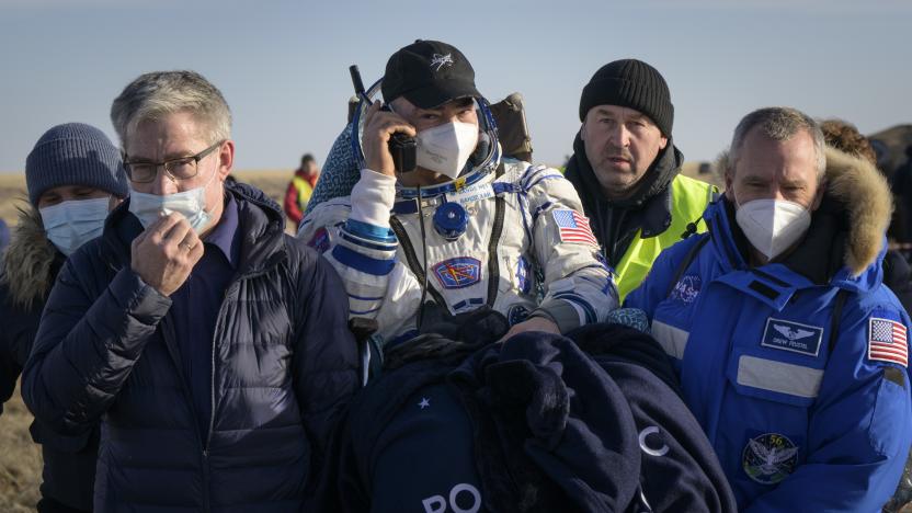 ZHEZKAZGAN, KAZAKHSTAN - MARCH 30:  In this handout image provided by the U.S. National Aeronatics and Space Administration (NASA), Expedition 66 NASA astronaut Mark Vande Hei is carried to a medical tent shortly after he and fellow crew mates Pyotr Dubrov and Anton Shkaplerov of Roscosmos landed in their Soyuz MS-19 spacecraft near the town of Zhezkazgan on March 30, 2022 in Zhezkazgan, Kazakhstan. Vande Hei and Dubrov are returning to Earth after logging 355 days in space as members of Expeditions 64-66 aboard the International Space Station. For Vande Hei, his mission is the longest single spaceflight by a U.S. astronaut in history. Shkaplerov is returning after 176 days in space, serving as a Flight Engineer for Expedition 65 and commander of Expedition 66. (Photo by Bill Ingalls/NASA/Getty Images)