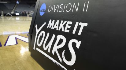 Getty Images - EVANSVILLE, IN - MARCH 30: A Division II Make it Yours logo is seen on the goal stanchion before the NCAA Division II National Championship Basketball game between the Minnesota State Mavericks and the Nova Southeastern Sharks on March 30, 2024, at the Ford Center in Evansville, Indiana. (Photo by Michael Allio/Icon Sportswire via Getty Images)