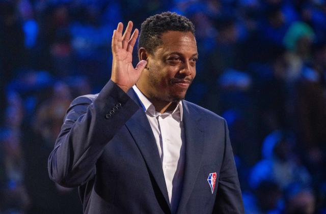 February 20, 2022; Cleveland, Ohio, USA; NBA great Paul Pierce is honored for being selected to the NBA 75th Anniversary Team during halftime in the 2022 NBA All-Star Game at Rocket Mortgage FieldHouse. Mandatory Credit: Kyle Terada-USA TODAY Sports