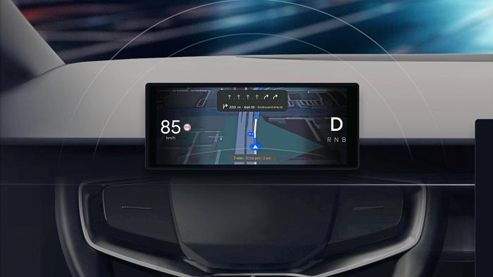 A rendering of a car's in-dash display shows Google Maps navigation.