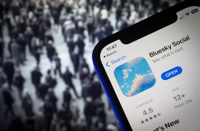 The Bluesky social media app logo is seen on a mobile device in this photo illustration in Warsaw, Poland on 21 April, 2023. Founder Jack Dorsey of twitter has released the Bluesky application on Android. (Photo by Jaap Arriens/NurPhoto via Getty Images)