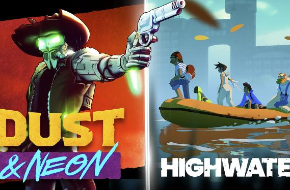 Key art for 'Dust & Neon' and 'Highwater,' two upcoming games from publisher Rogue Games.