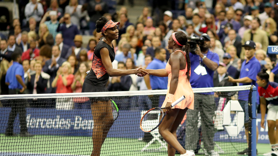 Getty Images - 2017 U.S. Open Tennis Tournament - DAY ELEVEN. Sloane Stephens of the United States shakes hands with Venus Williams of the United States after her win in the Women's Singles Semifinals match at the US Open Tennis Tournament at the USTA Billie Jean King National Tennis Center on September 07, 2017 in Flushing, Queens, New York City.  (Photo by Tim Clayton/Corbis via Getty Images)