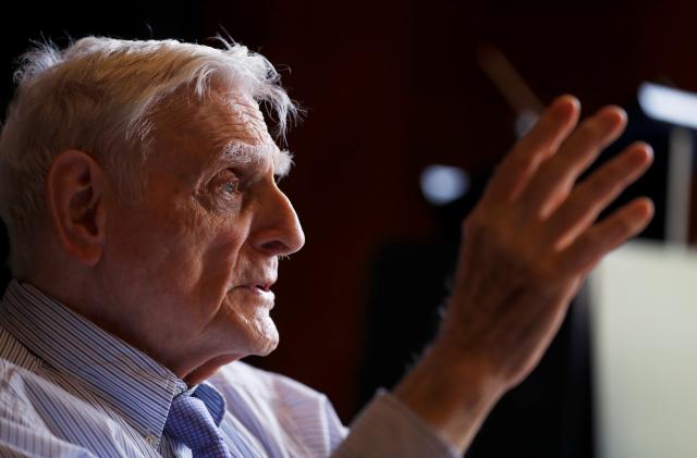 John B. Goodenough, 2019 Nobel Prize in Chemistry winner, gestures during a news conference at the Royal Society in London, Britain October 9, 2019. REUTERS/Peter Nicholls