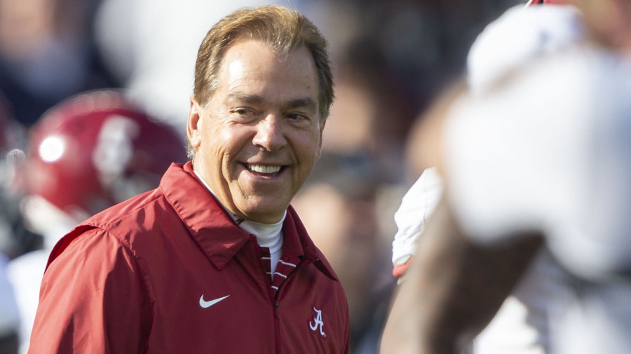 Getty Images - AUBURN, ALABAMA - NOVEMBER 25: Head coach Nick Saban of the Alabama Crimson Tide prior to their game against the Auburn Tigers at Jordan-Hare Stadium on November 25, 2023 in Auburn, Alabama. (Photo by Michael Chang/Getty Images)