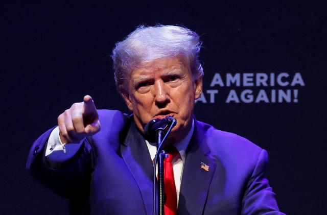 Former U.S. President Donald Trump delivers remarks on education as he holds a campaign rally with supporters, in Davenport, Iowa, U.S. March 13, 2023. REUTERS/Jonathan Ernst