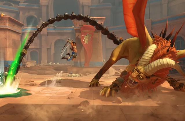 A still from the game showing a hero stabbing a dragon.