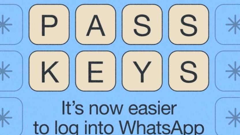 Illustration with text reading "Passkeys. It's now easier to log into WhatsApp."