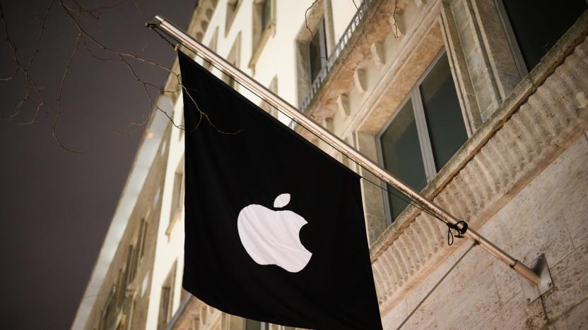 19 December 2023, Lower Saxony, Hanover: A flag hangs in front of the Apple Store in the city. Photo: Julian Stratenschulte/dpa (Photo by Julian Stratenschulte/picture alliance via Getty Images)