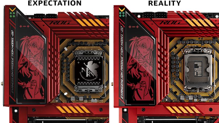 Close-ups of ASUS' ROG Maximus Z790 Hero EVA-02 Edition motherboard. The image on the right reveals the 'EVANGENLION' typo (i.e. with an extra 'n') that ended up on the production units.