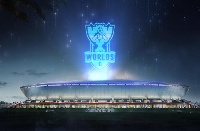 'League of Legends' World Championship 2020 logo above Pudong Soccer Stadium in Shanghai, China