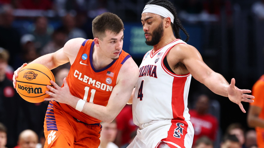 Getty Images - LOS ANGELES, CALIFORNIA - MARCH 28: Joseph Girard III #11 of the Clemson Tigers and Kylan Boswell #4 of the Arizona Wildcats battle during the Sweet Sixteen round of the 2024 NCAA Men's Basketball Tournament held at Crypto.com Arena on March 28, 2024 in Los Angeles, California. (Photo by C. Morgan Engel/NCAA Photos via Getty Images)