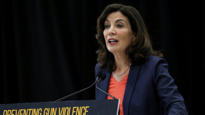 New York Governor Kathy Hochul speaks during a bill signing ceremony enacting a package of bills on gun control in the Bronx borough of New York City, U.S., June 6, 2022.  REUTERS/Brendan McDermid