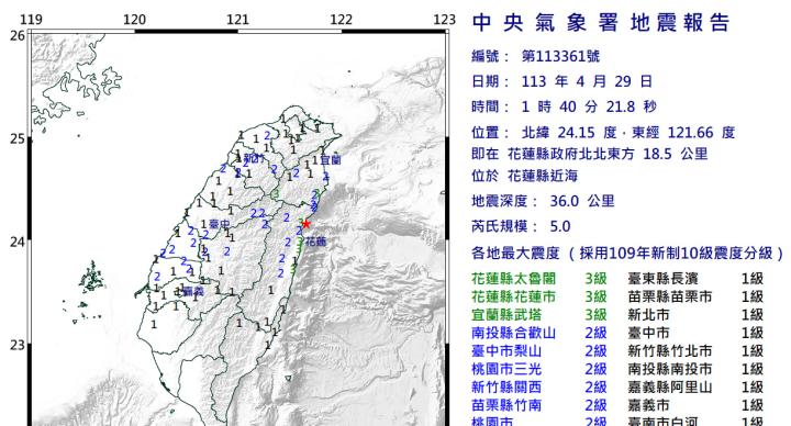 深夜規模5地震 16縣市有感