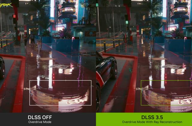 Side-by-side screenshots of Cyberpunk 2077, showing the same night time scene. The one on the right uses DLSS 3.5 technologyand has more detailed reflections in a puddle.