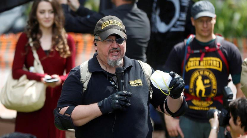 Oath Keepers founder, Stewart Rhodes, speaks during the Patriots Day Free Speech Rally in Berkeley, California, U.S. April 15, 2017. Picture taken April 15, 2017. REUTERS/Jim Urquhart