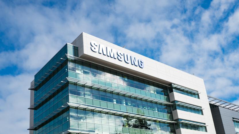 Low-angle view of facade of regional headquarters of technology company Samsung, with sign and logo visible, in the Silicon Valley town of Mountain View, California, October 28, 2018. (Photo by Smith Collection/Gado/Getty Images)