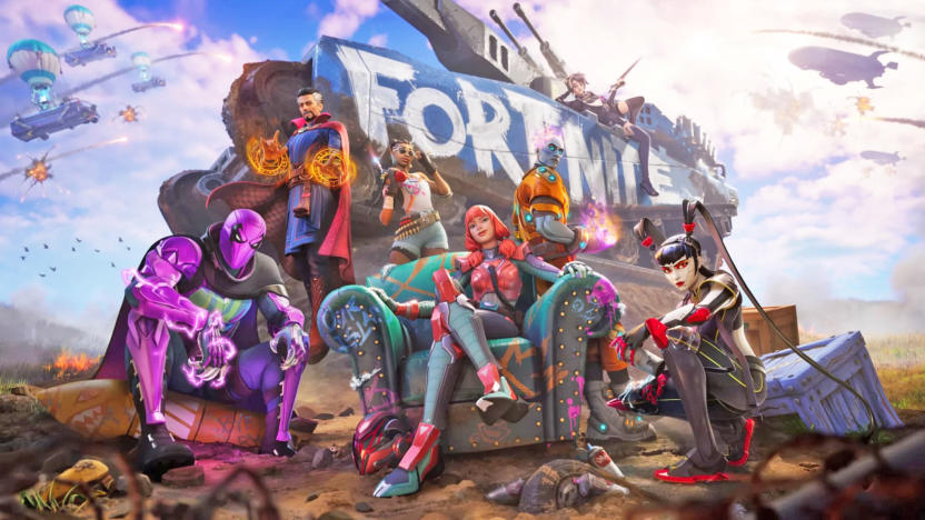 A promo image for the video game 'Fortnite Chapter 3, Season 2' showing characters grouped together looking at the 'camera'.