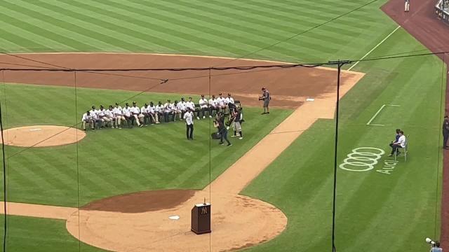 Derek Jeter at Yankees Old-Timers' Day with 1998 World Series champs