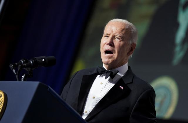 U.S. President Joe Biden addresses the annual White House Correspondents Association Dinner in Washington, U.S., April 29, 2023. REUTERS/Al Drago