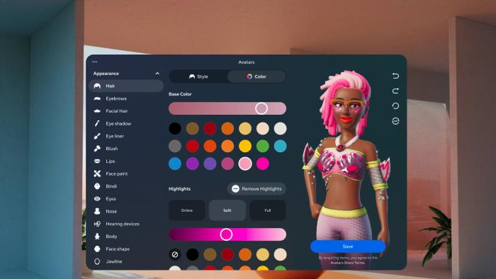 A screen showing Meta's avatar creator with various color sliders for customization.