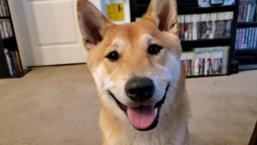 A Shina Ibu smiles at the camera. Sheves with games are in the background.