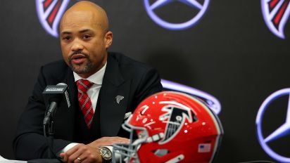 Getty Images - ATLANTA, GEORGIA - FEBRUARY 05:  General manager Terry Fontenot of the Atlanta Falcons speaks to the media as Raheem Morris is introduced as the head coach of the Atlanta Falcons at Mercedes-Benz Stadium on February 05, 2024 in Atlanta, Georgia.  (Photo by Kevin C. Cox/Getty Images)