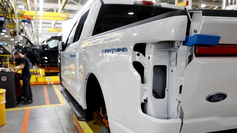 Ford Motor Co. battery powered F-150 Lightning trucks under production at their Rouge Electric Vehicle Center in Dearborn, Michigan on September 20, 2022. (Photo by JEFF KOWALSKY / AFP) (Photo by JEFF KOWALSKY/AFP via Getty Images)