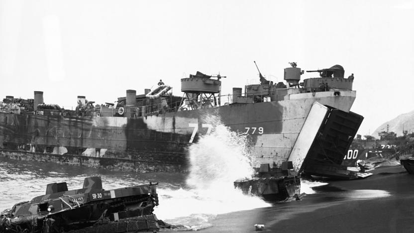 LST 779 landing at Yellow Beach 1 - Iwo Jima, Volcano Islands. | Location: Yellow Beach, Iwo Jima, Volcano Islands, South Pacific. (Photo by © CORBIS/Corbis via Getty Images)