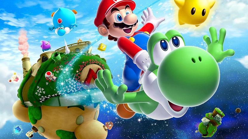 Game art of Mario riding Yoshi through space with a star character floating next to them. A small green planet, shaped like Mario’s head (with green grass for ‘hair’) looms behind them.