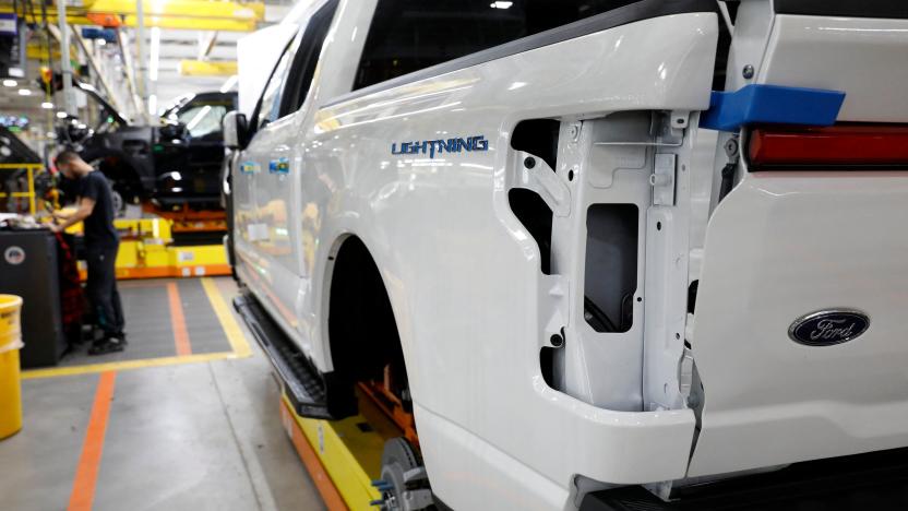 Ford Motor Co. battery powered F-150 Lightning trucks under production at their Rouge Electric Vehicle Center in Dearborn, Michigan on September 20, 2022. (Photo by JEFF KOWALSKY / AFP) (Photo by JEFF KOWALSKY/AFP via Getty Images)