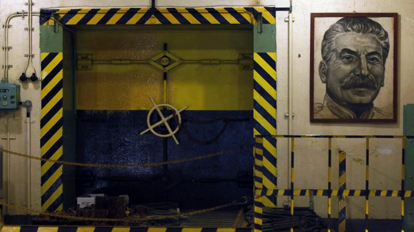 A picture of Joseph Stalin is seen on a wall at the former Soviet Army nuclear weapons depot near the village of Misov, 90 km (56 miles) southwest from Prague, May 16, 2013. One of the former communist Czechoslovakia's most mysterious and secret spots built to shelter for Soviet nuclear warheads is being turned into a museum, inviting visitors to learn about the nuclear race in the Cold War. Picture taken May 16, 2013. To match story CZECH-SOVIET/MUSEUM           REUTERS/Petr Josek (CZECH REPUBLIC - Tags: MILITARY POLITICS SOCIETY TRAVEL)