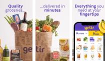 Three-paned marketing screenshots for instant delivery service Getir. The panels say "Quality groceries...", "...delivered in minutes" and "Everything you need at your fingertips. Images of bags full of groceries with other items. A phone with the app and a bunch of bananas to the right.