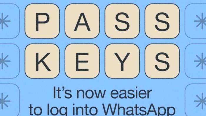 Illustration with text reading "Passkeys. It's now easier to log into WhatsApp."