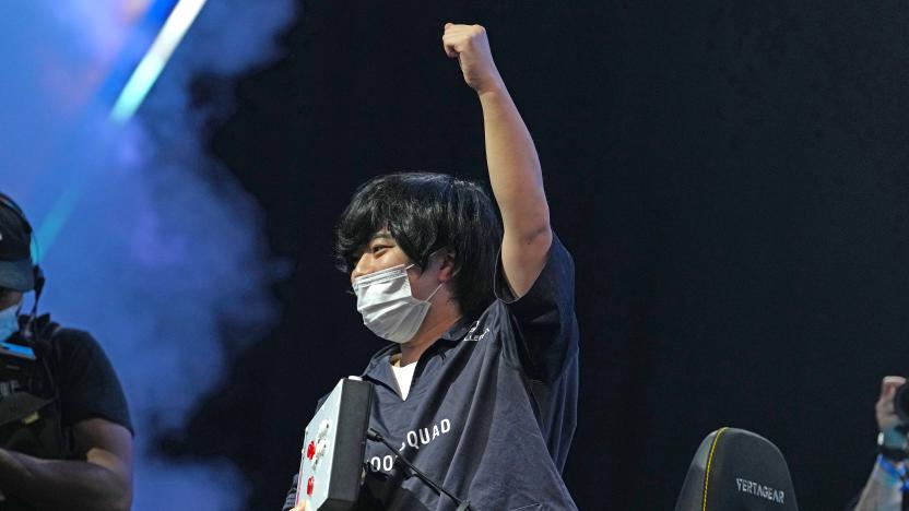 LAS VEGAS, NEVADA - AUGUST 07: "Kawano" celebrates after winning the grand championship of Street Fighter V: Champion Edition during EVO 2022 at Mandalay Bay Resort and Casino on August 07, 2022 in Las Vegas, Nevada. 