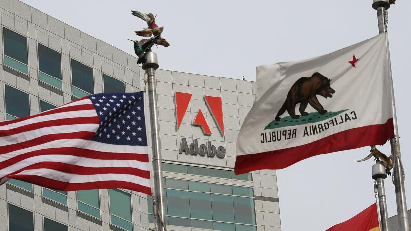 SAN JOSE, CA - JANUARY 15:  The Adobe logo is displayed on the side of the Adobe Systems headquarters January 15, 2010 in San Jose, California. Adobe Systems has added 20 new wind turbines to their rooftops in an attempt to harness wind energy to help power their offices. Each 30 foot tall aluminum wind turbine is capable of capturing a maximum of 1.2 kilowatts of electricty.  (Photo by Justin Sullivan/Getty Images)