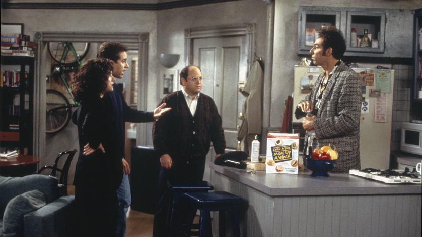 SEINFELD -- "The Burning" Episode 16 -- Pictured: (l-r) Julia Louis-Dreyfus as Elaine Benes, Jerry Seinfeld as Jerry Seinfeld, Jason Alexander as George Costanza, Michael Richards as Cosmo Kramer -- Photo by: Joey Delvalle/NBCU Photo Bank 
 