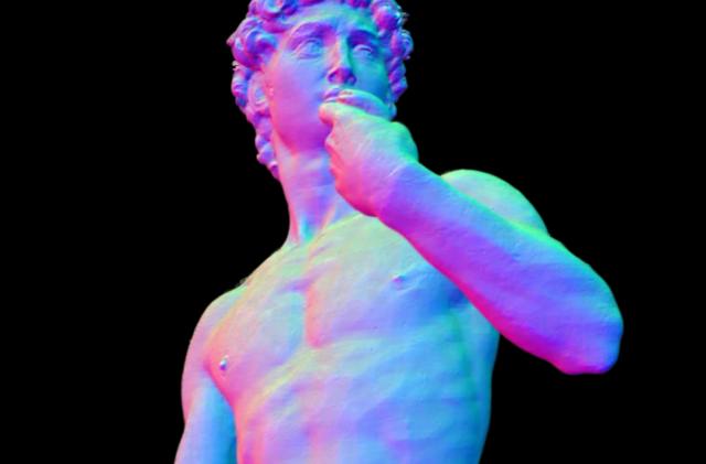 A photo of Michaelangelo's David sculpture as rendered in 3D by NVIDIA's Neuralangelo. The 3D render hast a reddish purple tint with a black background,