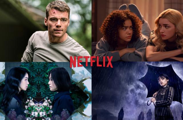 A grid of title screens for four Netflix series (clockwise, starting at upper left): The Night Agent, Ginny & Georgia, Wednesday and The Glory. A red Netflix logo floats in the center.