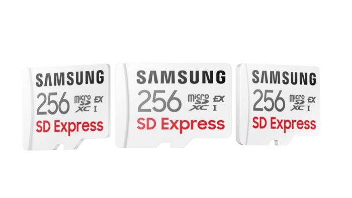 Product image for a new Samsung 256GB microSD card with SD Express speeds. Three of the cards sit side-by-side against a white background.