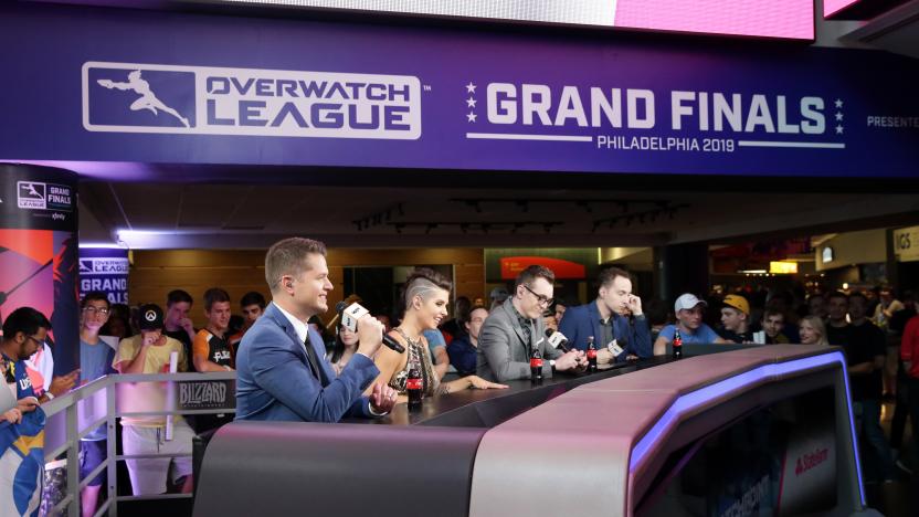 PHILADELPHIA, PA - SEPTEMBER 29: The State Farm esports desk at the Overwatch League Grand Finals at the Wells Fargo Center on September 29, 2019 in Philadelphia, Pennsylvania. (Photo by Hunter Martin/Getty Images)