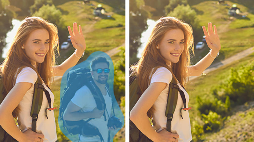 Side-by-side images showing a person waving in front of a landscape. A smiling person in a backpack is brushed over in the left pane and removed in the right one.