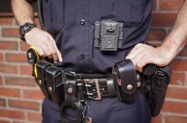 PORTLAND, ME - OCTOBER 4: Patrol officer Nevin Rand displays a body camera that all patrol officers on the Portland Police Department will now wear while on patrol. Photographed on Friday, October 4, 2019 at the Portland Police Department. (Staff photo by Gregory Rec/Portland Press Herald via Getty Images)