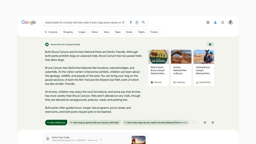 Screenshot of Google Search Generative Experience (SGE) showing an answer to "what's better for a family with kids under 3 and a dog: Bryce Canyon or Arches National Parks?"