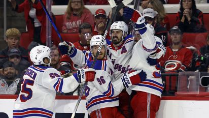 Associated Press - New York Rangers' Chris Kreider, second from right, celebrates his goal against the Carolina Hurricanes with teammates during the third period in Game 6 of an NHL hockey Stanley Cup second-round playoff series in Raleigh, N.C., Thursday, May 16, 2024. (AP Photo/Karl B DeBlaker)