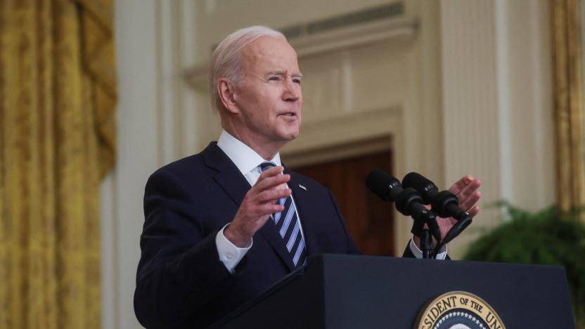 U.S. President Joe Biden delivers remarks on Russia's attack on Ukraine, in the East Room of the White House in Washington, U.S., February 24, 2022. Picture taken February 24, 2022. REUTERS/Leah Millis