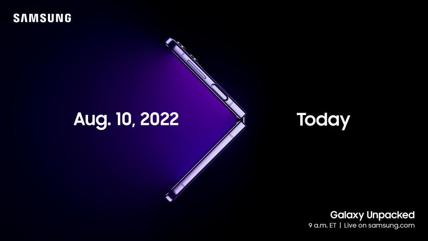 Samsung's invitation to its Galaxy Unpacked event. The image features the profile of a foldable phone, with the words "Aug. 10, 2022" on the left and "Today" on the right. At the bottom right corner, in small font, are the words "Galaxy Unpacked. 9am ET | Live on samsung.com"