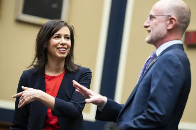 UNITED STATES - MARCH 31: Federal Communications Commission Chairwoman Jessica Rosenworcel and Commissioner Brendan Carr prepare to testify during the House Energy and Commerce Subcommittee on Communications and Technology hearing titled Connecting America: Oversight of the FCC, in Rayburn Building on Thursday, March 31, 2022. (Tom Williams/CQ-Roll Call, Inc via Getty Images)