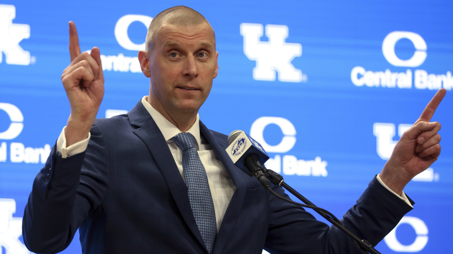 Associated Press - FILE - Mark Pope speaks to fans and media after being named Kentucky men's NCAA college basketball head coach in Lexington, Ky., Sunday, April 14, 2024. Pope has significantly reshaped the Wildcats’ roster with transfers after taking over for John Calipari. (AP Photo/James Crisp, File)